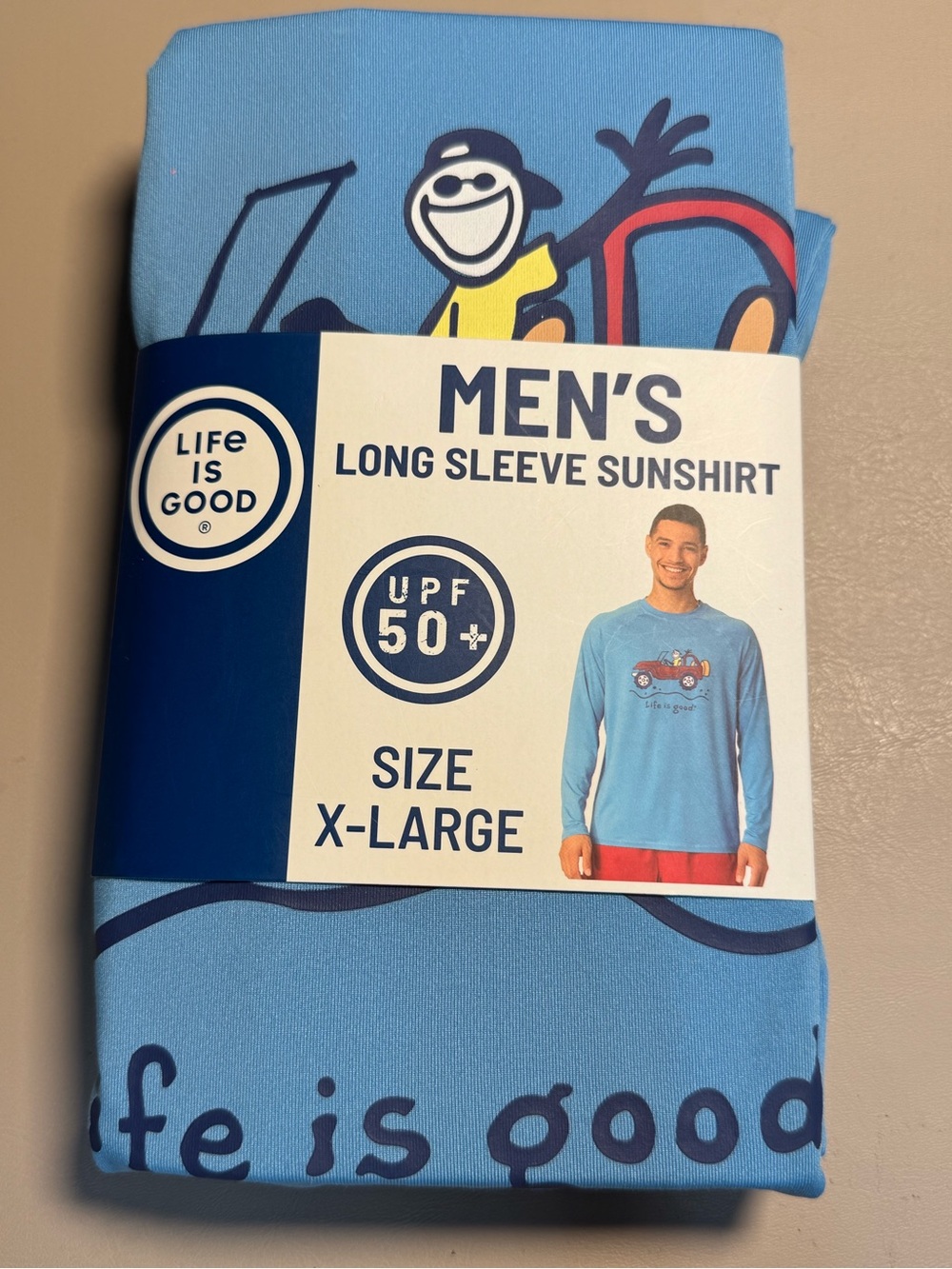 Life Is Good Men's Long Sleeve Sunshirt - Light Blue with Yellow Graphic
